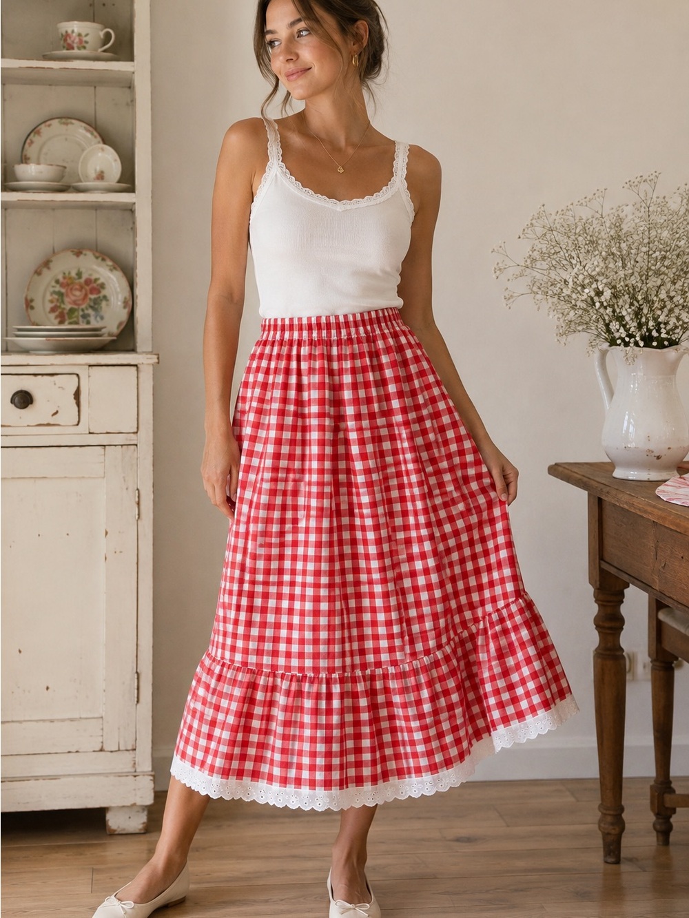 Hunter Bell New York Gingham Midi Skirt XS Red White Cottagecore Ruffle Lace